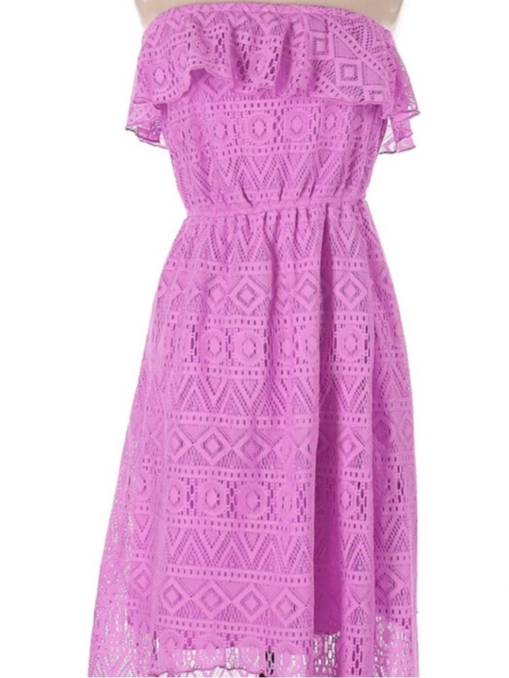 Maurice’s Strapless Lace Dress XL Orchid High Low Hem Ruffle Feminine Geometric